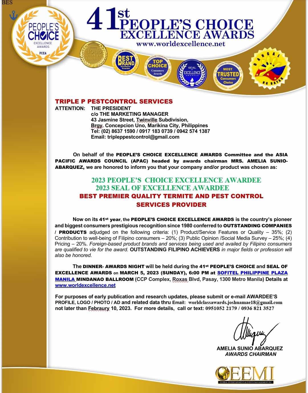 triple p pestcontrol people's choice certificate