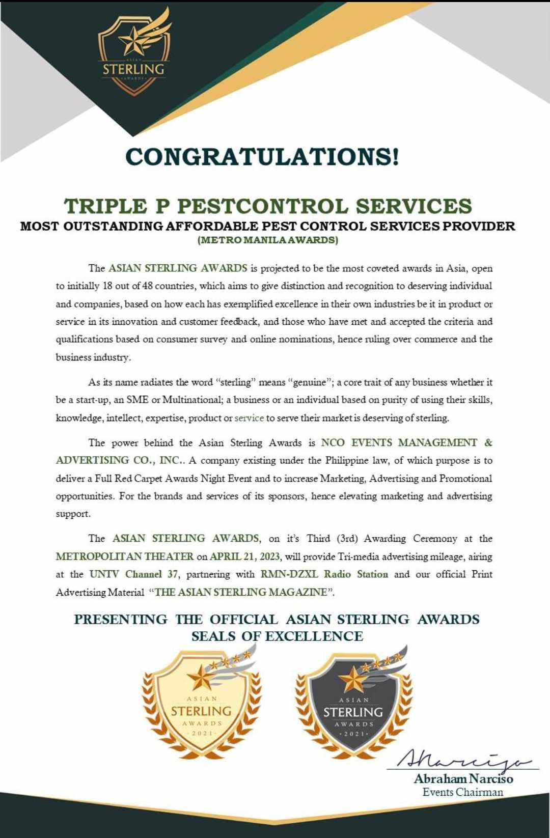 triple p pestcontrol sterling award certificate